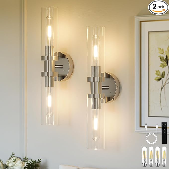 Rayogale Nickel Wireless Battery Operated Wall Sconce with Remote Control | Dimmable Rechargeable Wall Lights Set of 2, Timer, No Hardwire, Touch Control, 8000mAh, 3000K, Glass, Emergency, 16.5 Inch