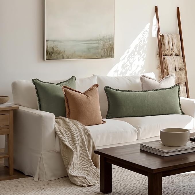 MIULEE Decorative Throw Pillow Covers Neutral Linen Fringe Throw Pillows Set of 1 Olive Green Boho Farmhouse Cushion Covers for Couch Sofa Bed Living Room Spring Home Decor 14x36 Inch