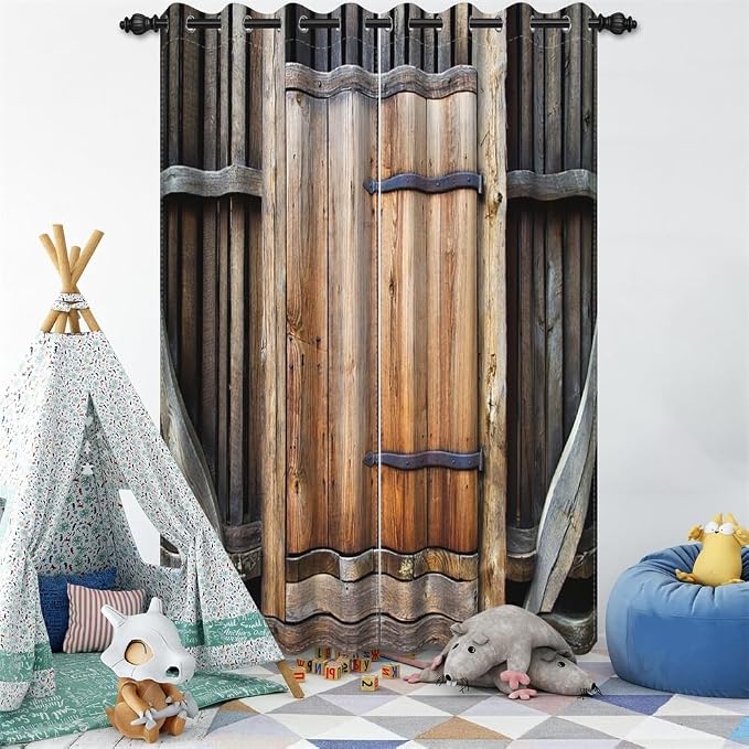 Rustic Farm Kitchen Curtains Farmhouse Old Wooden Door Vintage Barn Door Blackout Window Drapes for Living Room Bedroom Rural Room Darkening Window Treatment,26x84 inch,2 Panels
