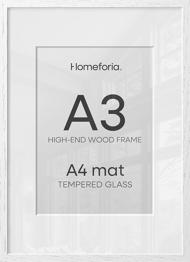 Homeforia A3 Picture Frame White Wood, High-End Oak 11.7 x 16.5 White Poster Frames Matted to 8.3 by 11.7 Photo, 11.7x16.5 Size Wooden Frame with Mat 8.3x11.7 Print, Tempered Glass, Wall Kit, Set of 2
