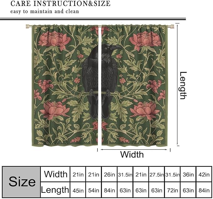 William Morris Blackout Curtains, Retro Bird Crow Flower Animal Pattern Window Drapes, for Bedroom Living Room 42" W X 54" L