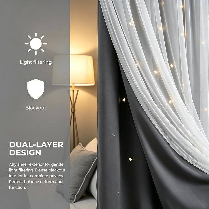 Kids Blackout Curtains for Bedroom/Living Room/Classroom, Sheer Overlay Extra Long 2 Panel Set, Double Layer Curtains with Star Cutout for Kids Room(W 52 x L 108 Inches,Grey 2 Pcs)