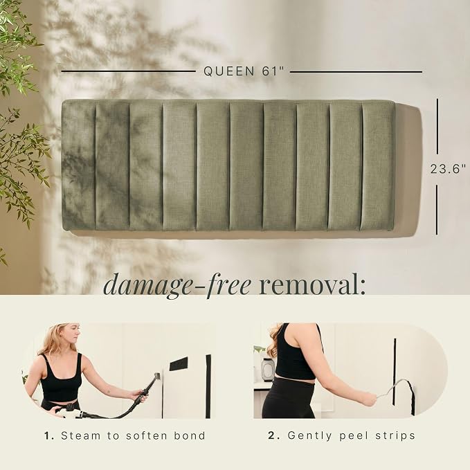 Upholstered Queen Headboard - Easy Assemble Channel Stitched Headboard Queen Size - Wall Mounted Headboards with 3D Soundproof Wall Panels Peel & Stick Floating Headboards, Olive Green