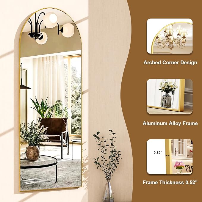 HARRITPURE 59"x16" Arched Full Length Mirror, Arch Floor Mirror with Aluminum Frame Standing Full Body Mirror for Home Bedroom Dressing Room, Gold