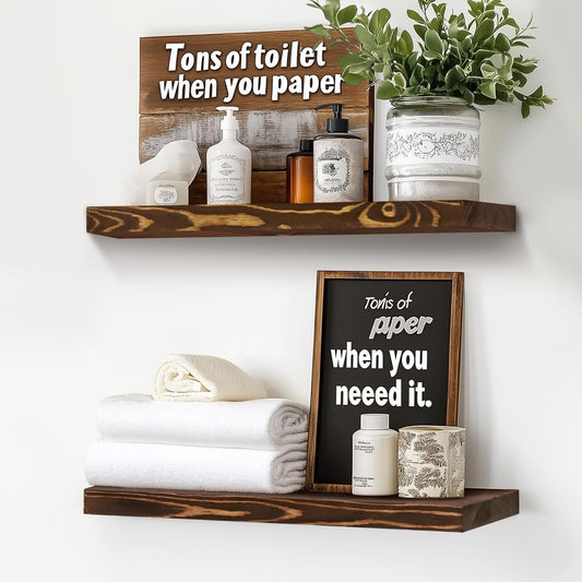 Floating Wall Shelves - 16"x6.8"x1.2" Sturdy Rustic Brown Solid Wood Shelves for Storage and Décor, Easy Installation for Living Room, Bedroom, and Kitchen - 2 Pack