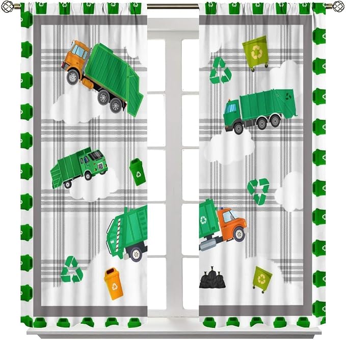 Truck Blackout Curtain,Boys Kids Cartoon Green Garbage Cars Pattern Print Window Curtains for Dining Room Living Room Kitchen Cafe Bedroom Office Drapes,63x72 in