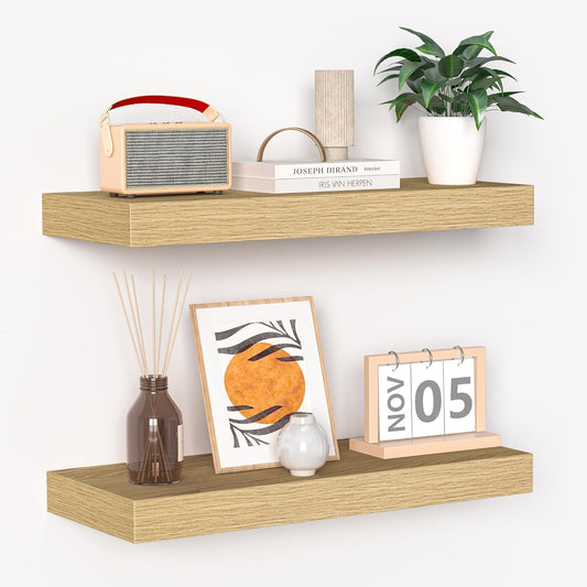 Fun Memories Floating Shelves - 16 Inch Wall Shelf for Decor & Storage - Wall Mounted Display Shelving with Invisible Heavy Duty Metal Bracket 2Pack, Oak