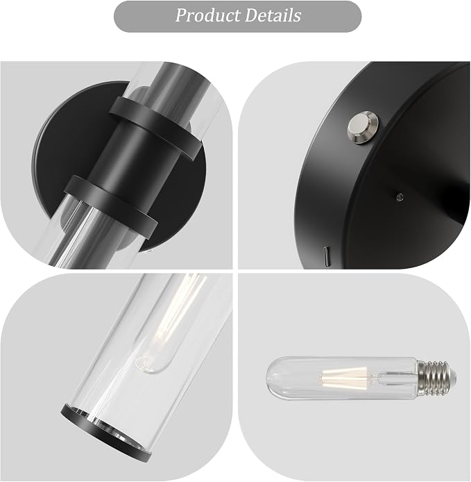 Rayogale Black Wireless Battery Operated Wall Sconces with Remote Control | Glass Rechargeable Wall Lights Set of 2 with Timer Function Dimmable for Living Room Bedroom Emergency 3000K, 20.5 Inch