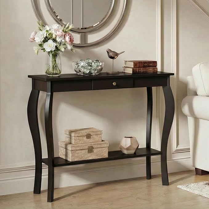 ChooChoo Narrow Console Table with Drawer, Chic Accent Sofa Table, Entryway Table, Black