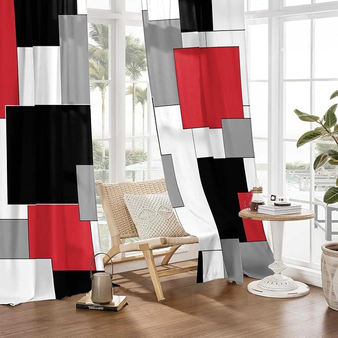 Black and Red Curtains for Living Room 52W x 84L Inch Length Geometry Curtains Modern White Grey Abstract Rod Pocket Curtain for Bedroom Kitchen Room Window Drapes 2 Panels
