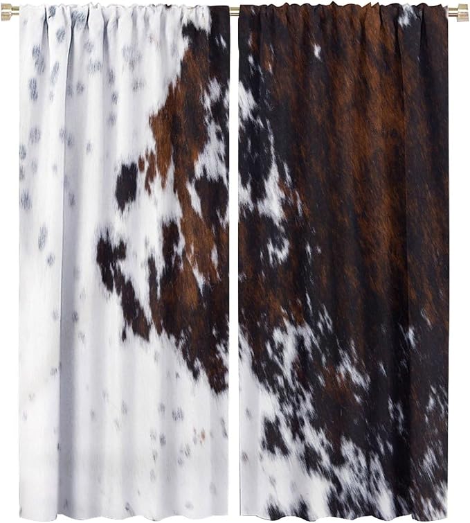 Cow Print Blackout Curtain,Retro Farm Style Animals Brown Cowhide Cow Fur Print Window Treatments Rod Pocket Curtain for Bedroom Living Room Kitchen Decor Drapes 42x54in