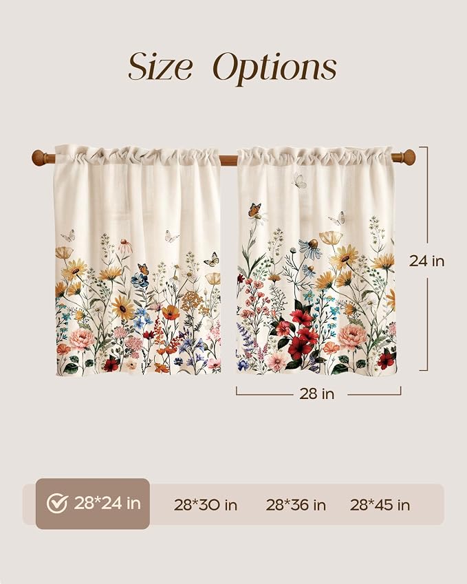 Miss Adola Floral Kitchen Tier Curtains - 24 Inch Length Linen Blend Farmhouse Cafe Curtains Vintage Small Window Treatments Over Sink Rod Pocket for Bathroom Living Room Light Filtering, 2 Panels