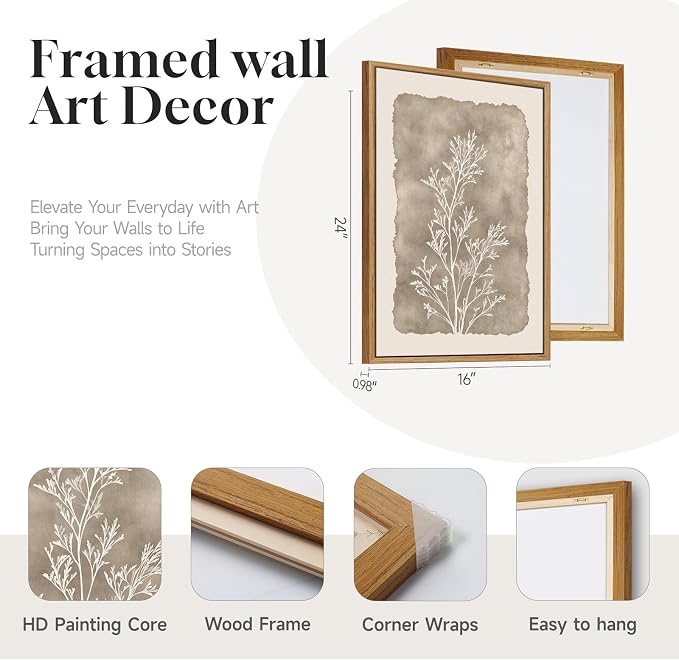 3 Piece Framed Neutral Botanical Wall Art Set, Large Farmhouse Floral Canvas Prints Paintings, Minimalist Wildflower Plant Artwork Decor for Living Room Bedroom Dining Room 16x24 Inch