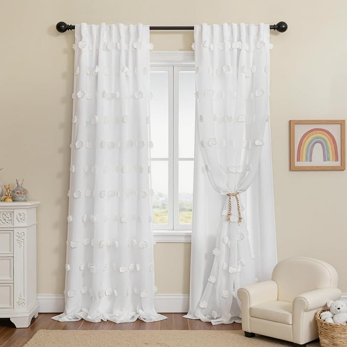 MYSKY HOME White Curtains for Living Room 90 Inches Long Nursery Curtain for Bedroom Double Layer Drapes with White Pom Pom Sheer Back Tab Room Darkening Window Panels W52 X L90, 2 Pieces