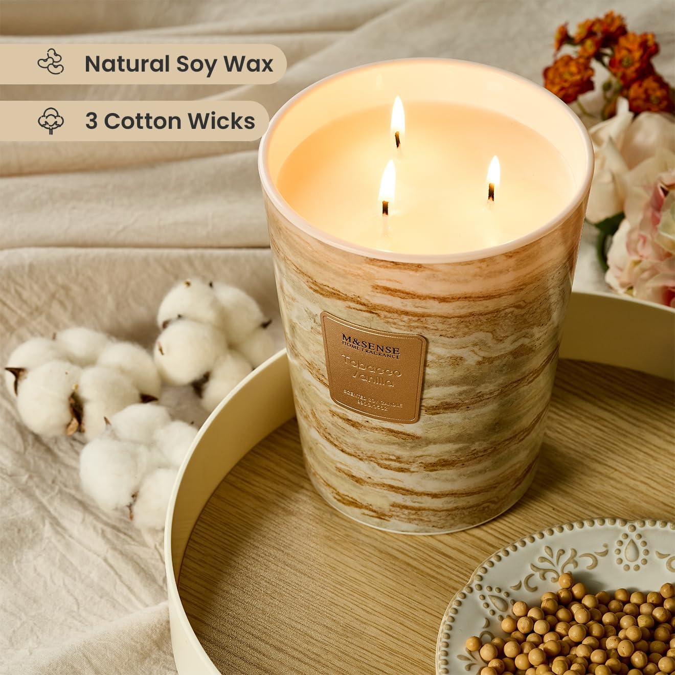 M&SENSE TobaccoVanilla Scented Candles for Home, 3-Wick Highly Scented Jar Candles, Extra Large Candle 35 Oz 150 Hours Long Lasting Burning, Relaxing Aromatherapy Candle for Stress Relief, Meditation
