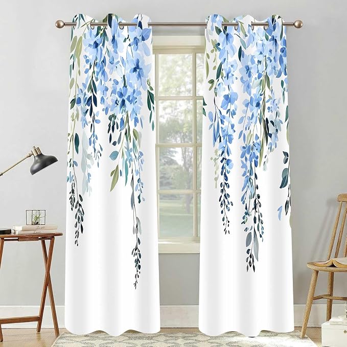 Blue Watercolor Floral Curtains, Botanical Leaves Vine Flowers Curtain, Rustic Farmhouse Flower Leaf Blackout Window Treatment Drapes for Bedroom Living Room 52x90 inch, 2 Panels