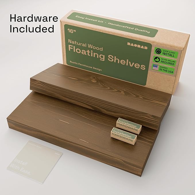 Solid Wood Floating Shelves for Wall 16 Inch Walnut, Wooden Bathroom Shelf | Real Wood, Wall Mounted, Rustic Farmhouse, Bedroom Kitchen Living Room, Walnut Finish, 16W x 6,7D, Set of 2