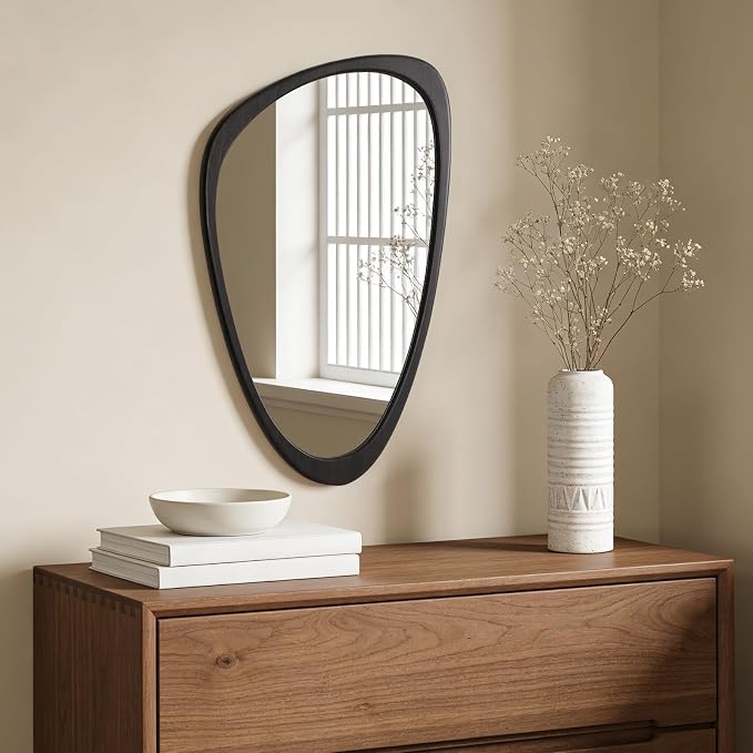 WallBeyond Asymmetrical Mirror, Irregular Wall Mirror, Wall Mirrors Decorative for Bedroom Living Room Entryway Hall, Wood Mirror for mid Century Modern Decor 30" H x 19" W, Dark Brown