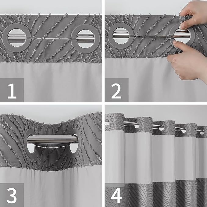 eachope stall no Hook Tufted Shower Curtain with snap in Liner Set, White Waterproof Fabric Inner Liner,Boho Style Shower Curtain with See Through top Window, WarmGrey, 54Wx80H