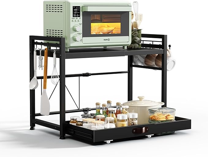 NETEL Expandable Microwave Stand with Storage,2 Tier Kitchen Countertop Organizer Shelves with 8 Hooks,Microwave Shelf with Pull Out Storage Tray and Cup Holders,55lbs Weight Capacity,Black