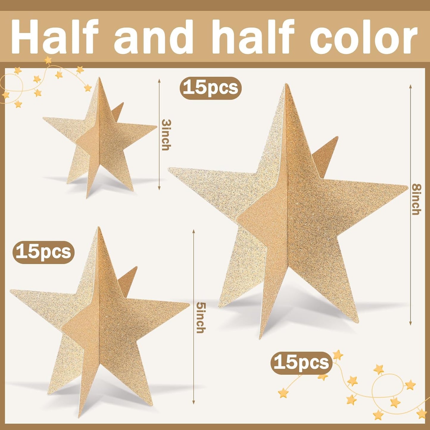 45 Pcs 3D Star Centerpieces Movie Night Decorations for Table in 3 Sizes Hanging Supplies for Red Carpet Film Show Theme Birthday New Year Party First Day of School Table Decor(Champagne)