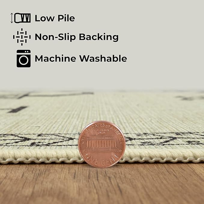 GLN Rugs Contemporary Collection - Machine Washable Area Rug, Contemporary Washable, Non Slip, Low Pile Chenille Rug, Living Room, Bedroom, Kitchen Rug (2' x 3' Cream/Anthracite)