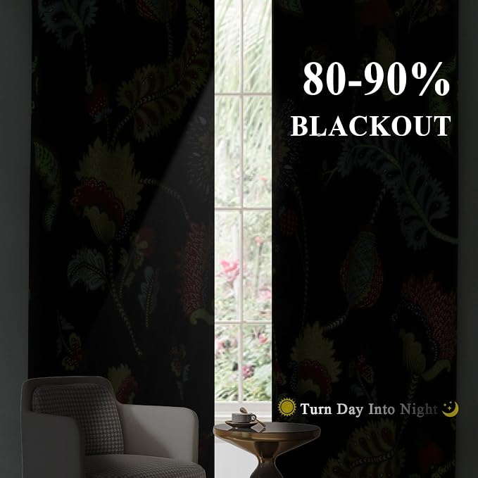 Estelar Textiler Boho Vintage Flower and Bird Pattern Blackout Curtains 63 Inches Long for Living Room, Thermal Insulated Black Out Window Grommet Drapes for Bedroom,52Wx63L Inch, 2 Panels