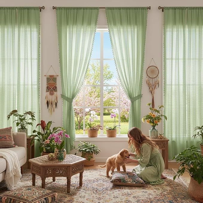 WAZZIO Boho Lace Curtains 84 Inches 2 Panel,Light Filtering Privacy Tassel & Geometry Crochet Semi Sheer Curtain Drapes for Bedroom Living Dining Room,Rod Pocket & Tassel,Grass Green