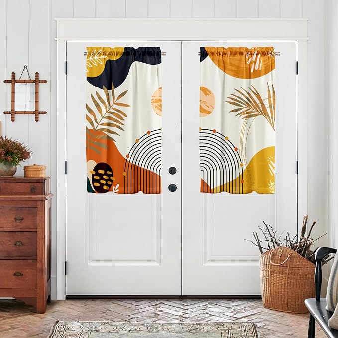 Orange Boho Curtains 39 Inch Mid Century Cafe Drapes for Small Windows Abstract Leaves Rainbow Colorful Modern Geometric Window Curtains for Kitchen Living Room Bathroom Laundry 2 Panels