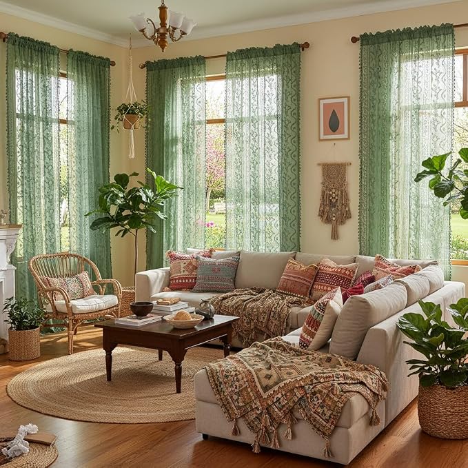 WAZZIO Boho Lace Curtains 2 Panels 96 Inches -Vintage Victorian Sheer Panel Drape French Country Floral Pattern & Tassel Light Filtering Privacy for Bedroom Dining Living Room,Dark Sage Green,W52x L96