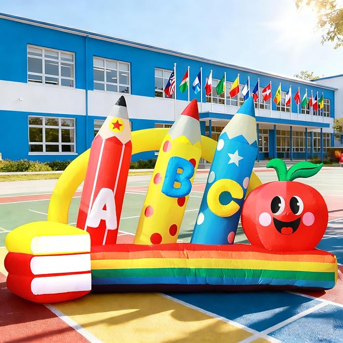 DomKom 8FT Kindergarten Graduation Decorations Crayon Yard,Back to School Inflatable Decoration Red Apple & Book LED Lights Backdrop for 2026 Graduate School Party Decor,Holiday Party Garden Lawn