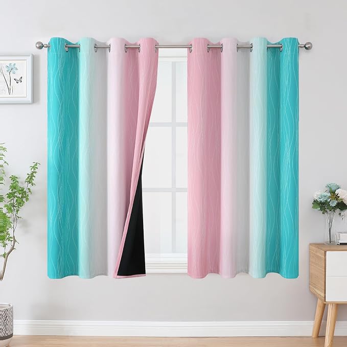 Estelar Textiler Pink and Teal Blackout Curtains 45 Inch Length, Full Light Blocking Gradient Drapes for Bedroom, Thermal Insulated Grommet Ombre Curtains for Bathroom, 52Wx45L, 2 Panels