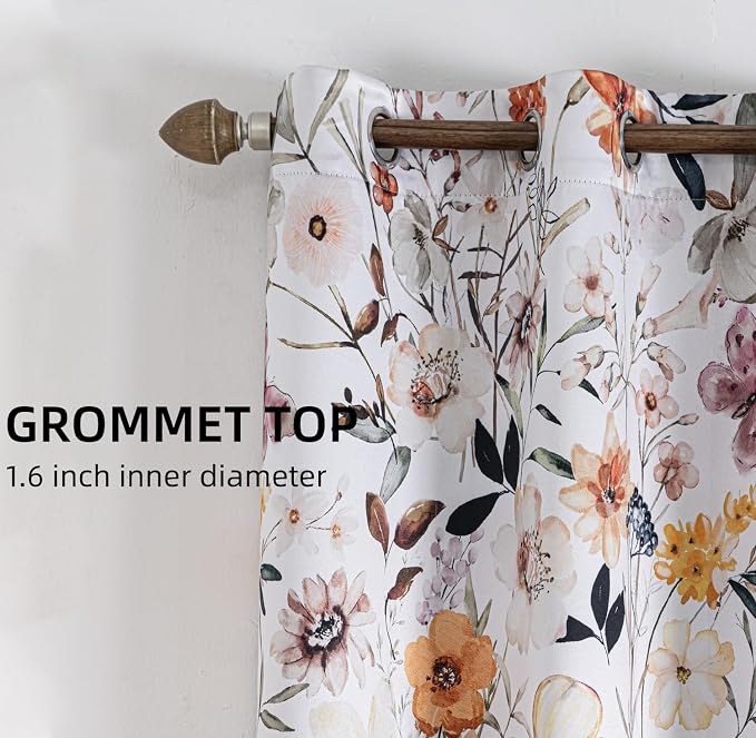 Floral Print 100% Blackout Curtains 84 inch Long 2 Panels, White Botanical Pattern Thermal Insulated Room Darkening Window Drapes, Grommet Top Privacy Curtains for Bedroom Living Room, 52"W x 84"L