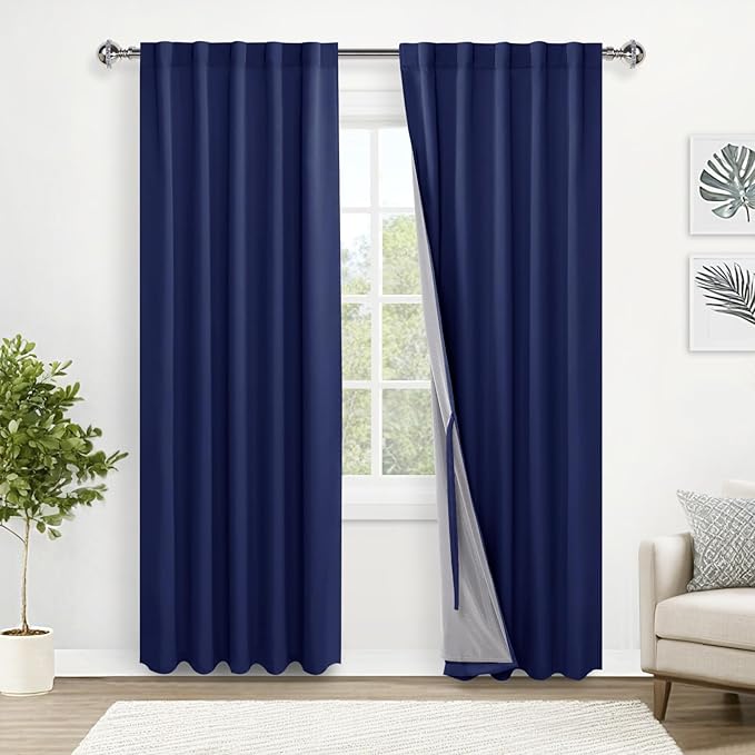 XWZO Full Blackout Curtains 84 Inches Length with Tiebacks- Heat and Light Blocking Rod Pocket & Back Tab Window Drapes with Black Liner Backing for Bedroom/Kid's Room, Navy Blue, W42 x L84, Set of 2