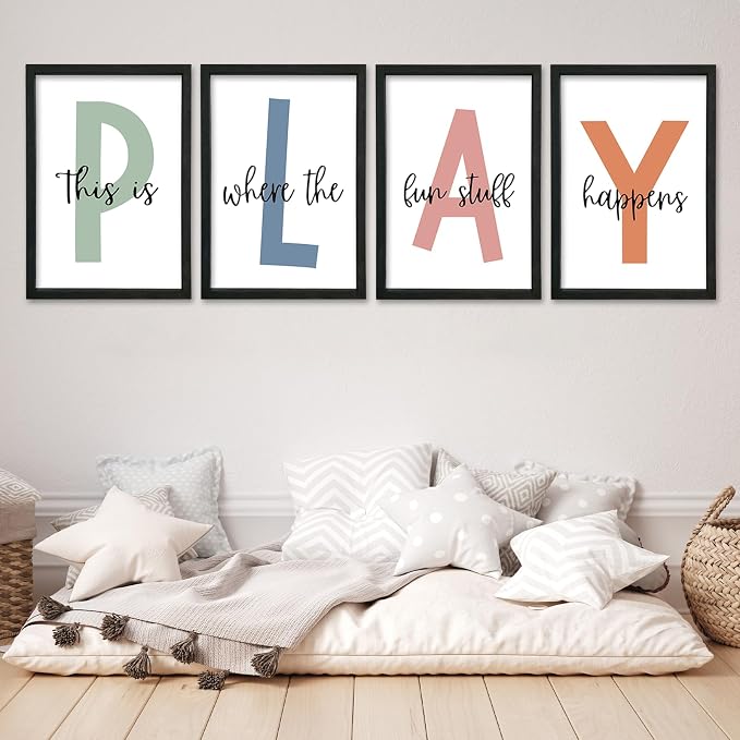 This Is Where Fun Stuff Happens Kids Playroom Wall Decor PLAY Quote Art | Motivational Prints for Nursery, Black Wood Frame, Set of 4, 11x16 Inches , Let's Play Sign for Toddler Boys, Ready to Hang