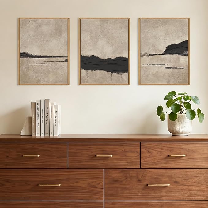 Large Abstract Black and Tan Framed Canvas Wall Art,Vintage Minimalist Wall Decor,Neutral Brush Stroke Artwork,Modern Textured Art Print for Living Room,Bedroom,Office- 12"x16"x3