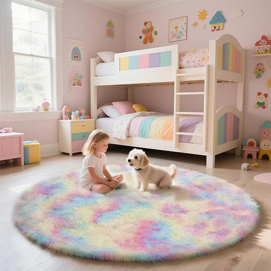 yulidayang Rainbow Fluffy Round Area Rugs for Bedroom,3Ft Shag Circle Area Rugs for Girls Room,Non Slip Fuzzy Plush Rug for Kids Room Living Room and Dorm Home Decor Rug