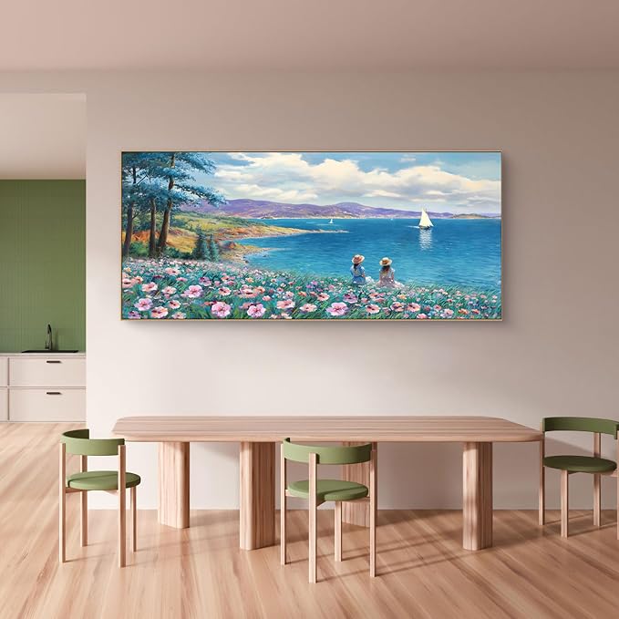Large Framed Wall Art for Living Room Mountains Ocean Canvas Picture | Extra Large 70x31 Inches Rustic style Seascape Pink Flower Tree Sailboat Mountain Decor for Bedroom Office Home Decoration