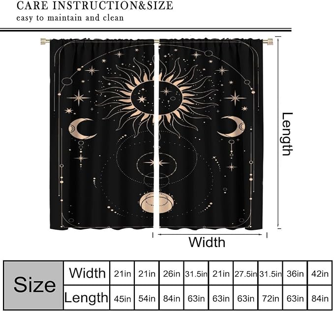 Golden Sun Moon Blackout Curtains, Abstract Modern Boho Sun Moon Star Window Drapes, for Bedroom Living Room 42" W X 54" L