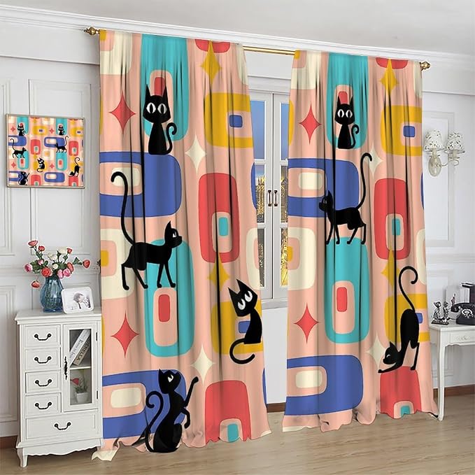 JESTRONRY Mid Century Style Curtains, Black Cat Modern Abstract Geometric 1950s 60s Vintage Colorful Blackout Rod Pocket Window Drapes for Living Room Bedroom Home Decor 63x63in
