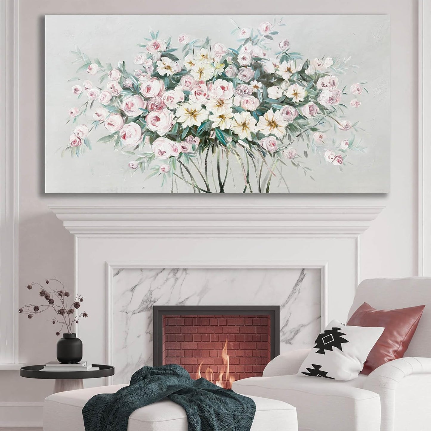 Green Wall Art Floral Home Decor Sage Green Pictures Wall Decor Pink Photo Pictures Flowers Wall Decorations for Girls Room 29"x58"