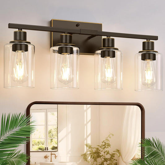 4 Light Bathroom Light Fixtures, Oil-Rubbed Bronze Modern Vanity Lights with Clear Glass Shades, Bathroom Wall Lamp for Mirror Living Room Cabinet