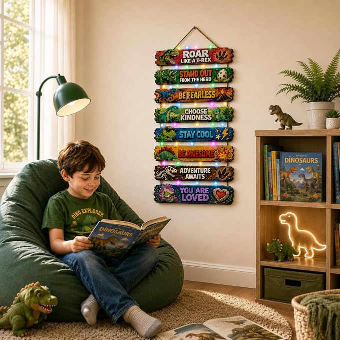 BeautiFan Cool Dinosaur Room Decor Set of 8 with Led Light for Teen boys Kids Toddler, Inspirational Dinosaur Animal Wood Sign Nursery Wall Decor for Bedroom, Dinosaur Lamp Wall Decor Art