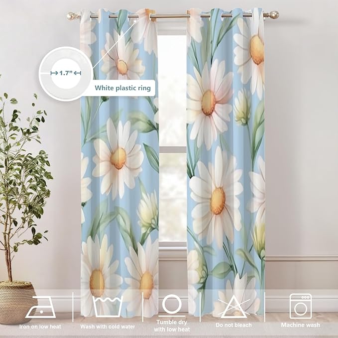 Shrahala Daisies Leaves Thermal Insulated Blackout Window Curtains, White Daisies On Blue Long Drapes for Bedroom/Living Room with Plastic Grommet, 52X84 Set of 2