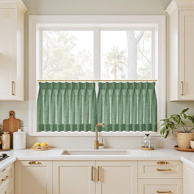 TWOPAGES 26" W x 18" L Linen Blend Cafe Curtains for Kitchen Window, Light Filtering Pinch Pleated Tier Curtains, Modern Farmhouse Half Window Curtains for Small Window, Peacock, 2 Panels
