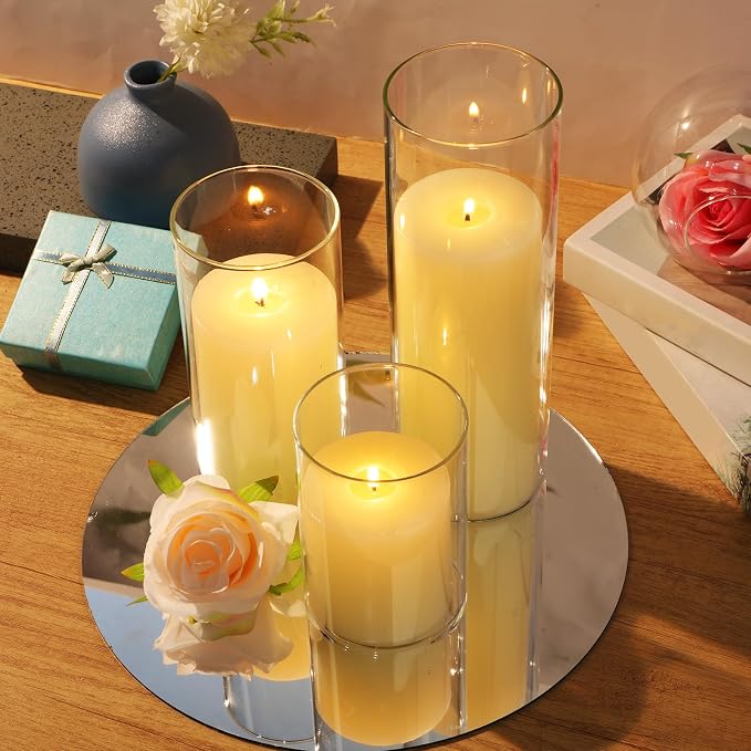 Shihanee Set of 6 Pillar Candles with Glass Cylinder Vases Clear Cylinder Hurricane Candleholders for Slim Tall Pillar Candles Wedding Table Centerpieces(3'' X 5.9", 7.9", 9.8",Ivory)