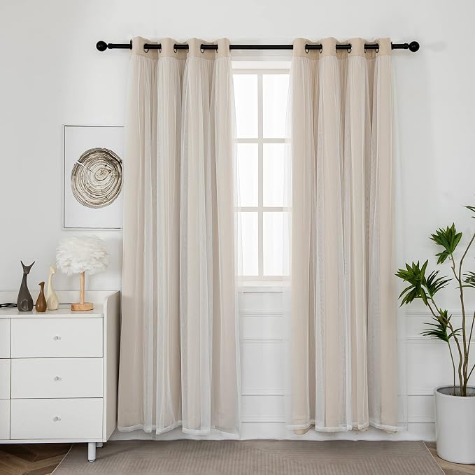 INLINAS Beige Blackout Curtains with Sheer Overlay - Grommet Top Thermal and Noise Reduction Panels for Bedroom and Living Room Light Blocking and Energy Saving, 52 x 108 Inches, Set of 2