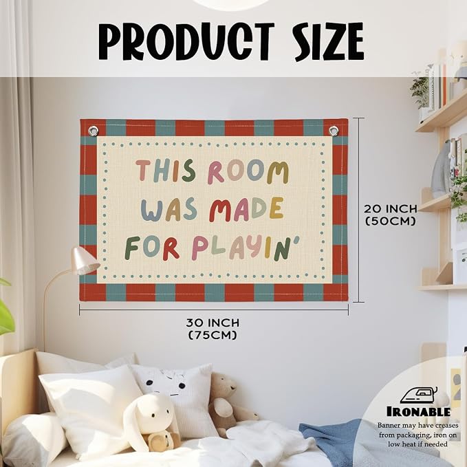 Vintage Playroom Decor Wall Banner "This Room Was Made For Playin'" 20x30 Inch - Nursery Kids Bedroom Wall Hanging, Linen Toddler Play Area Sign, Children's Canvas Flag Decor - Color