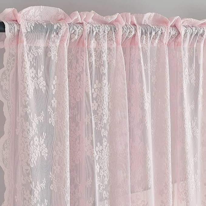 YJ YANJUN Vintage Lace Curtains Cute Pink Floral Cafe Curtains 45 inch Length 2 Panels Short Sheer Drapes for Kitchen Bathroom Laundry Room Girl Nursery Room Décor Rod Pocket 52" W x 45" L Baby Pink