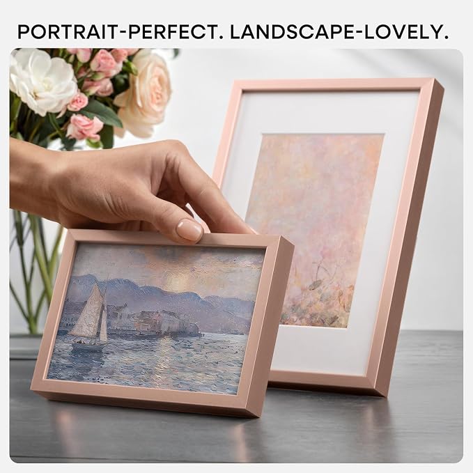 Homeforia 8x11 Picture Frame Rose Gold, High End Metal 8 x 11 Poster Frames with Mat 6 by 9 Photo, 11x8 Frame Matted to 6x9 inch Print, 8by11 Wall or Tabletop Frame, Tempered Glass, Wall Kit, Set of 1
